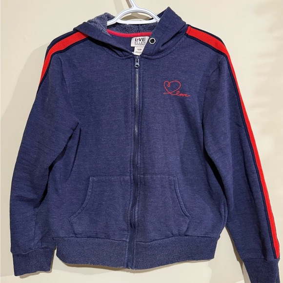 Navy Blue Zip-Up Hoodie with Red Stripes - Picture 1 of 5